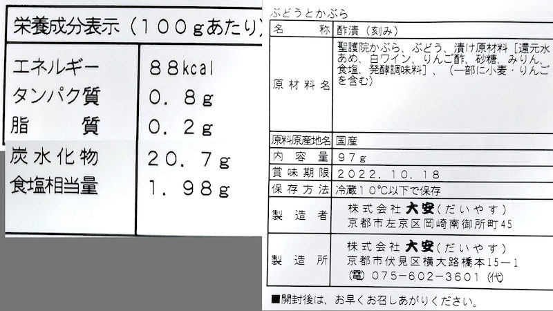 京つけもの 大安 ぶどうとかぶら 成分 材料